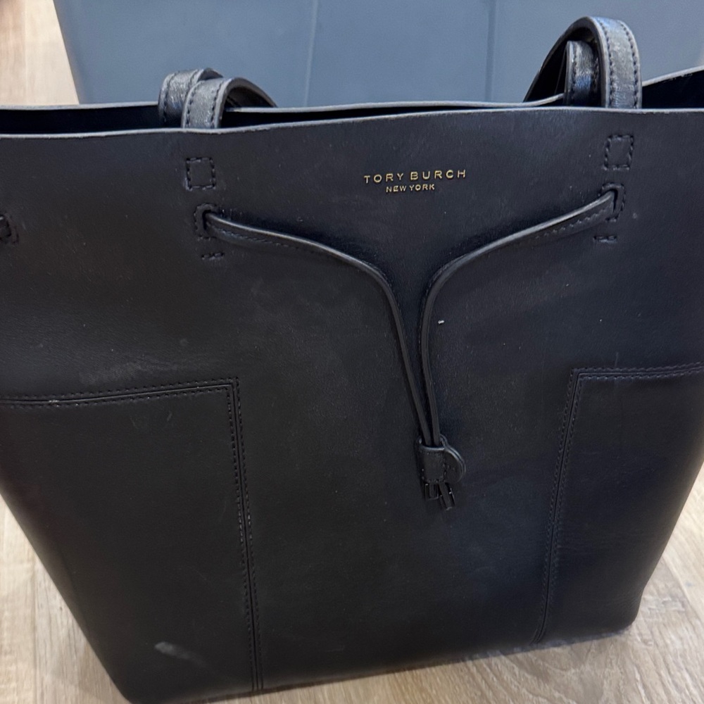 Tory Burch Black Leather Drawstring Tote
